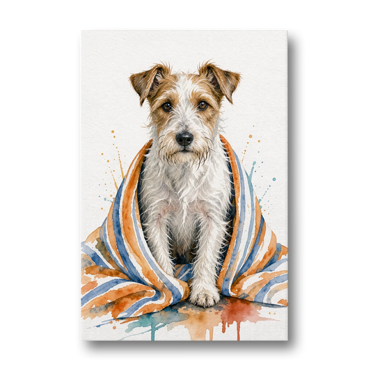 Funny Dog Bathroom Prints Terrier in a Striped Towel - Canvas Wall Art - Front