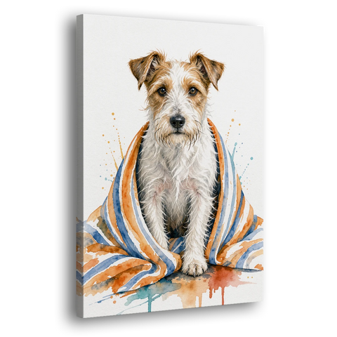 Funny Dog Bathroom Prints Terrier in a Striped Towel - Canvas Wall Art - Side