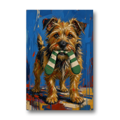 Funny Dog Wall Art of a Terrier Sock Thief - Canvas Wall Art - Front