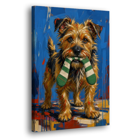 Funny Dog Wall Art of a Terrier Sock Thief - Canvas Wall Art - Side
