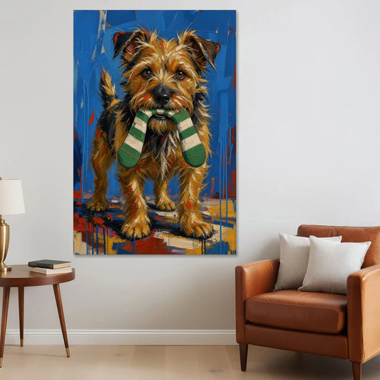 Funny Dog Wall Art of a Terrier Sock Thief - Canvas Wall Art - Sofa - 40x60