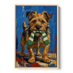 Funny Dog Wall Art of a Terrier Sock Thief - Oak Framed Canvas Wall Art - Front