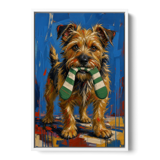 Funny Dog Wall Art of a Terrier Sock Thief - White Framed Canvas Wall Art - Front