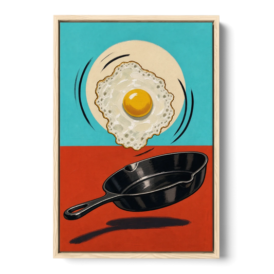 Funny Kitchen Wall Art with a Flipping Fried Egg - Oak Framed Canvas Wall Art - Front
