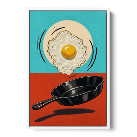Funny Kitchen Wall Art with a Flipping Fried Egg - White Framed Canvas Wall Art - Front