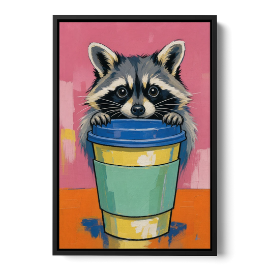 Funny Office Raccoon in the Coffee Cup - Black Framed Canvas Wall Art - Front