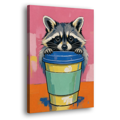 Funny Office Raccoon in the Coffee Cup - Canvas Wall Art - Side