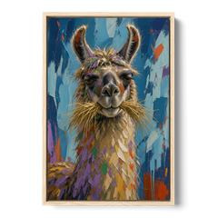 Funny Wall Decor Llama With a Hay Moustache - Oak Framed Canvas Wall Art - Front
