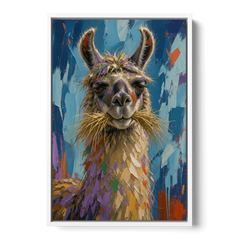Funny Wall Decor Llama With a Hay Moustache - White Framed Canvas Wall Art - Front