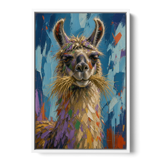 Funny Wall Decor Llama With a Hay Moustache - White Framed Canvas Wall Art - Front