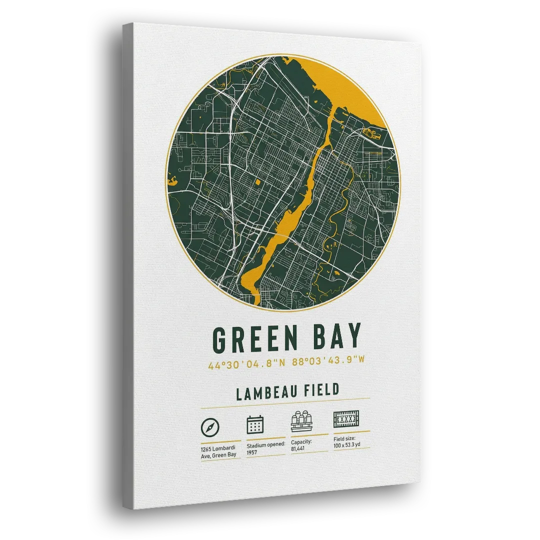 Green Bay Packers Lambeau Field Stadium Map Side - Canvas Wall Art