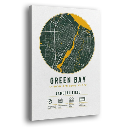 Green Bay Packers Lambeau Field Stadium Map Side - Canvas Wall Art