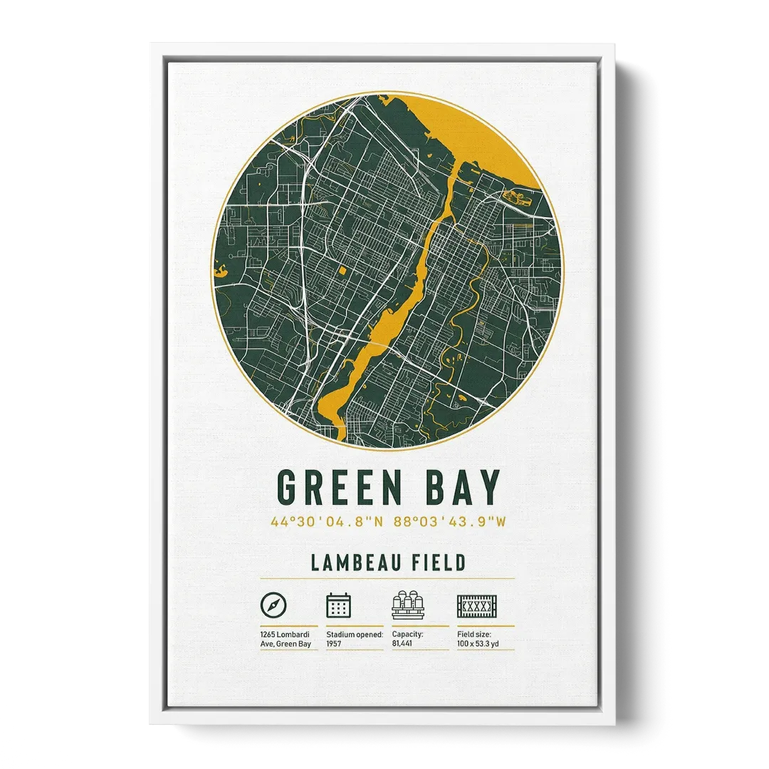 Green Bay Packers Lambeau Field Stadium Map Front - White Canvas Wall Art