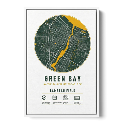 Green Bay Packers Lambeau Field Stadium Map Front - White Canvas Wall Art
