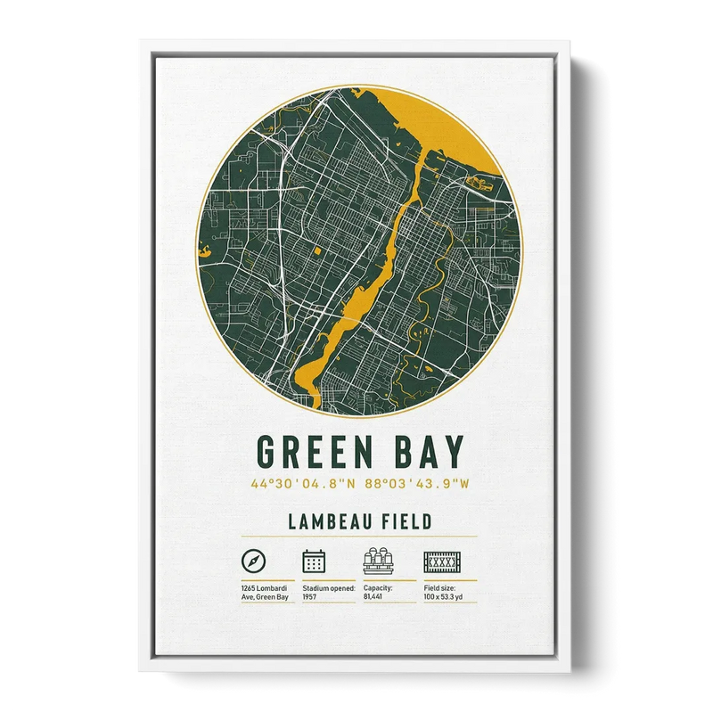 Green Bay Packers Lambeau Field Stadium Map Front - White Canvas Wall Art