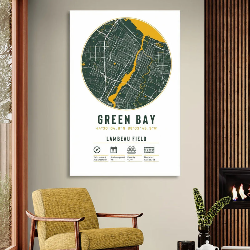 Green Bay Packers Lambeau Field Stadium Map Living Room - Canvas Wall Art