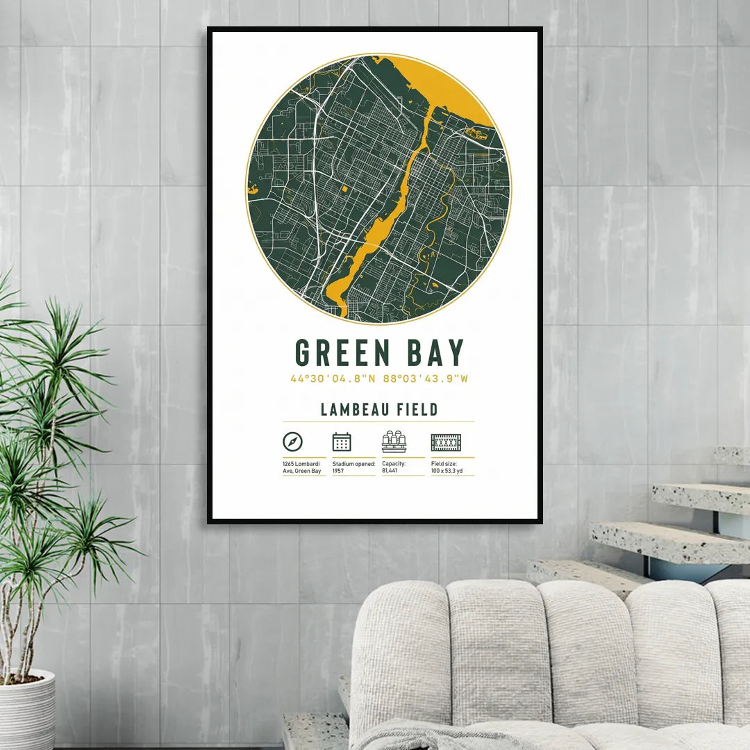 Green Bay Packers Lambeau Field Stadium Map Living Room - Black Canvas Wall Art