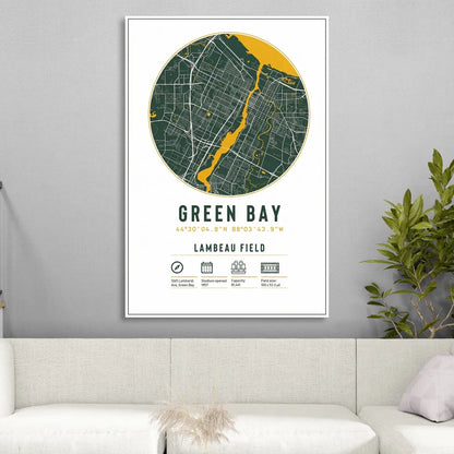Green Bay Packers Lambeau Field Stadium Map Living Room - White Canvas Wall Art