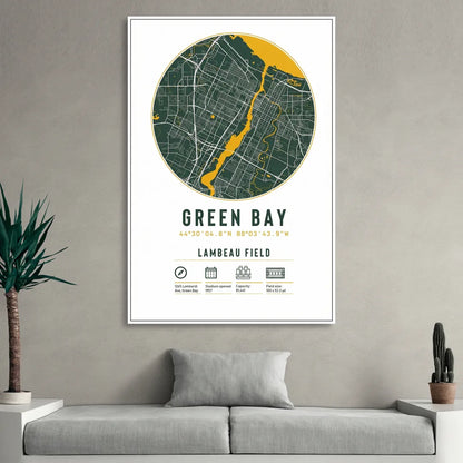 Green Bay Packers Lambeau Field Stadium Map Sitting Room - White Canvas Wall Art