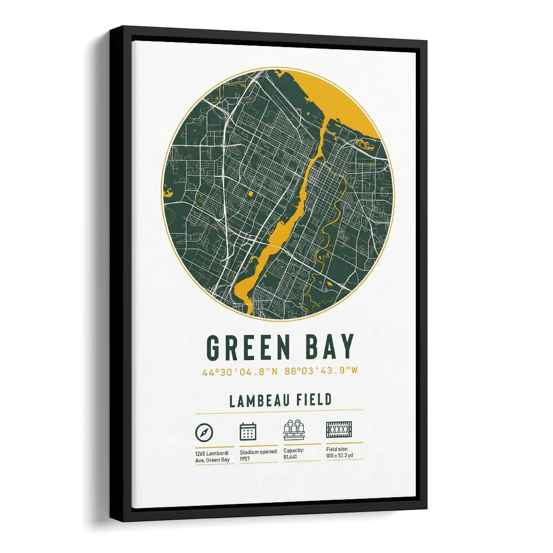 Green Bay Packers Lambeau Field Stadium Map Side - Black Canvas Wall Art