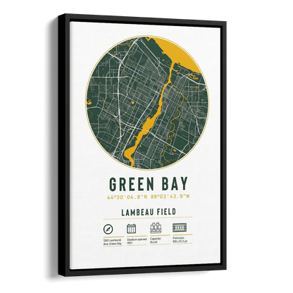 Green Bay Packers Lambeau Field Stadium Map Side - Black Canvas Wall Art