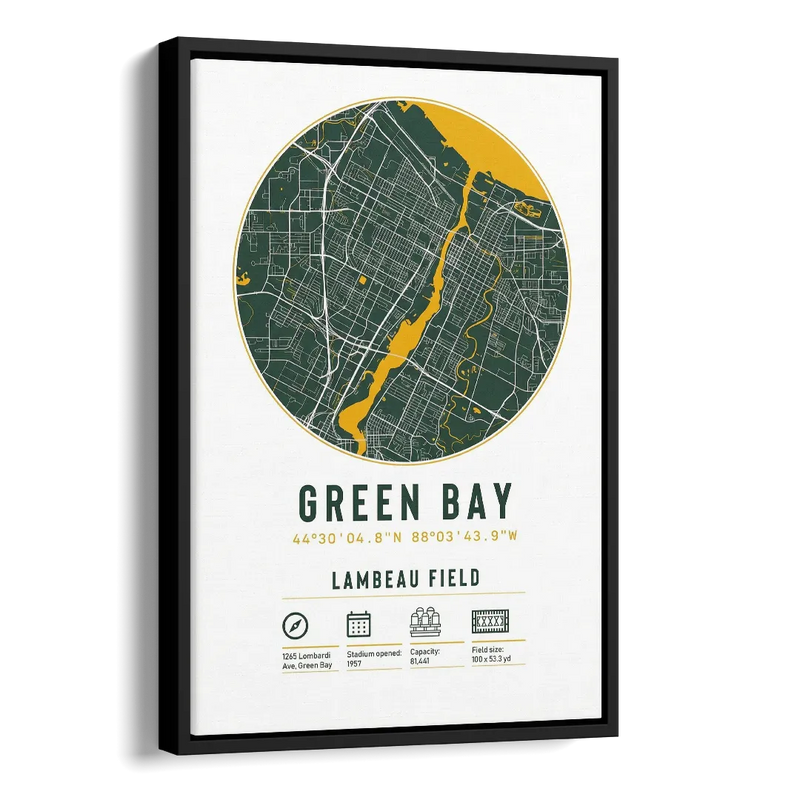 Green Bay Packers Lambeau Field Stadium Map Side - Black Canvas Wall Art