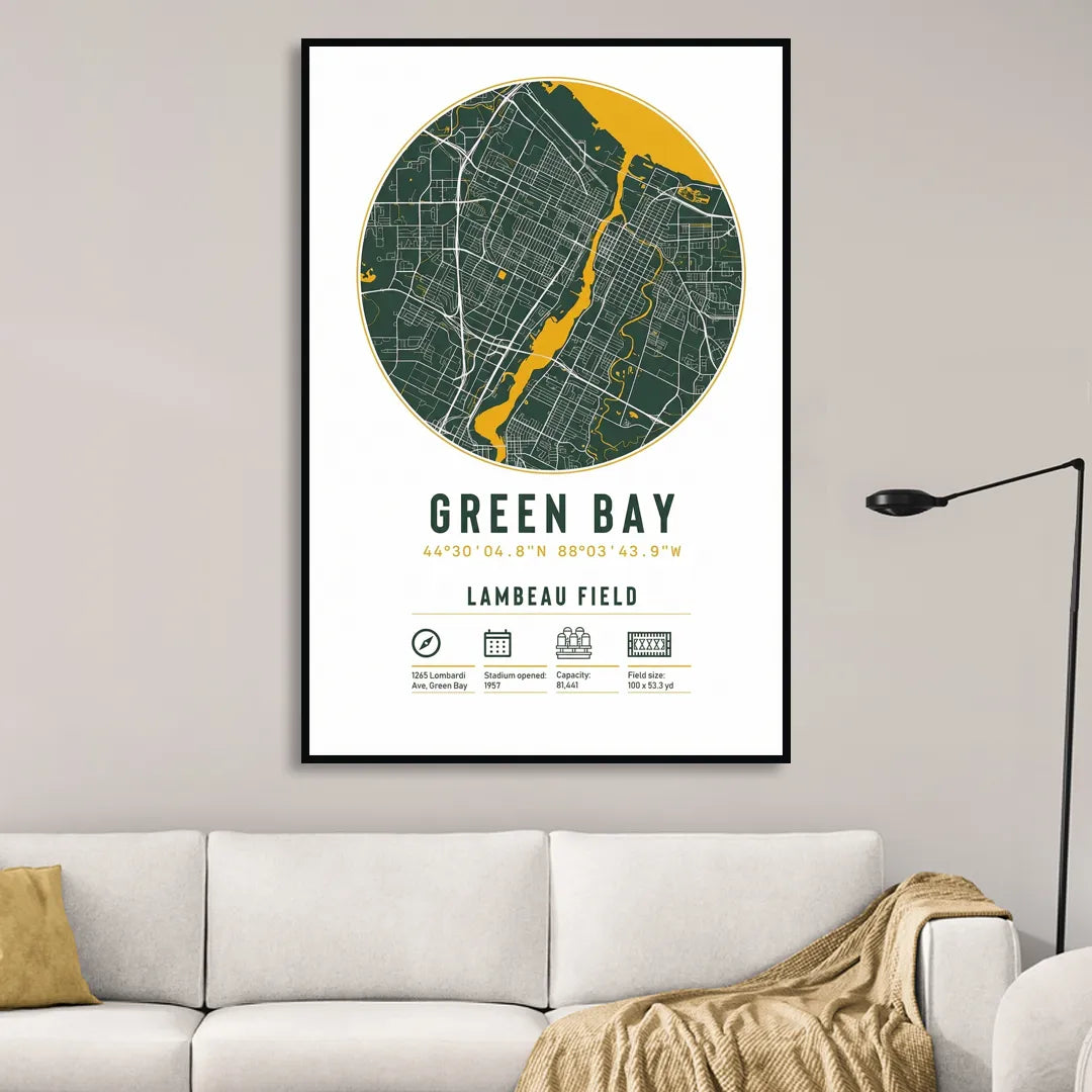 Green Bay Packers Lambeau Field Stadium Map Sitting Room - Black Canvas Wall Art