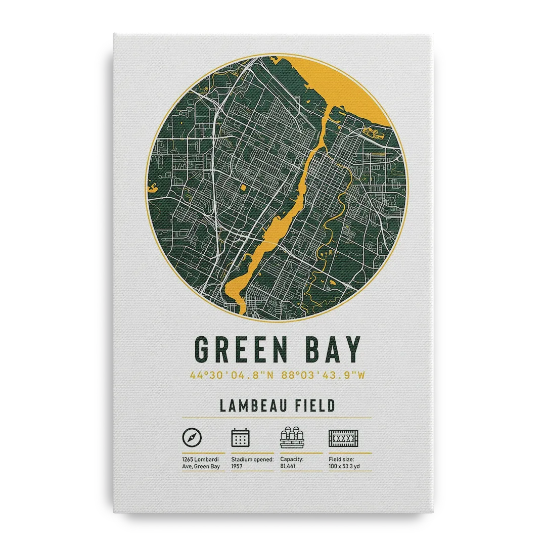 Green Bay Packers Lambeau Field Stadium Map Front - Canvas Wall Art