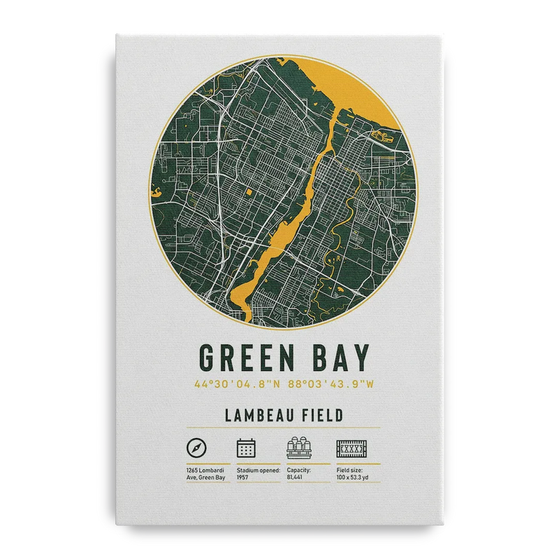 Green Bay Packers Lambeau Field Stadium Map Front - Canvas Wall Art