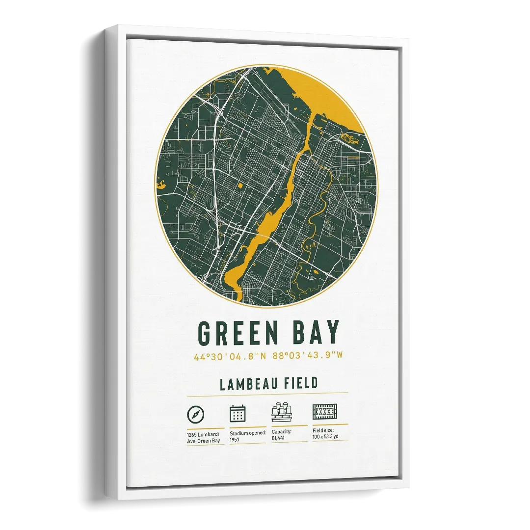 Green Bay Packers Lambeau Field Stadium Map Side - White Canvas Wall Art