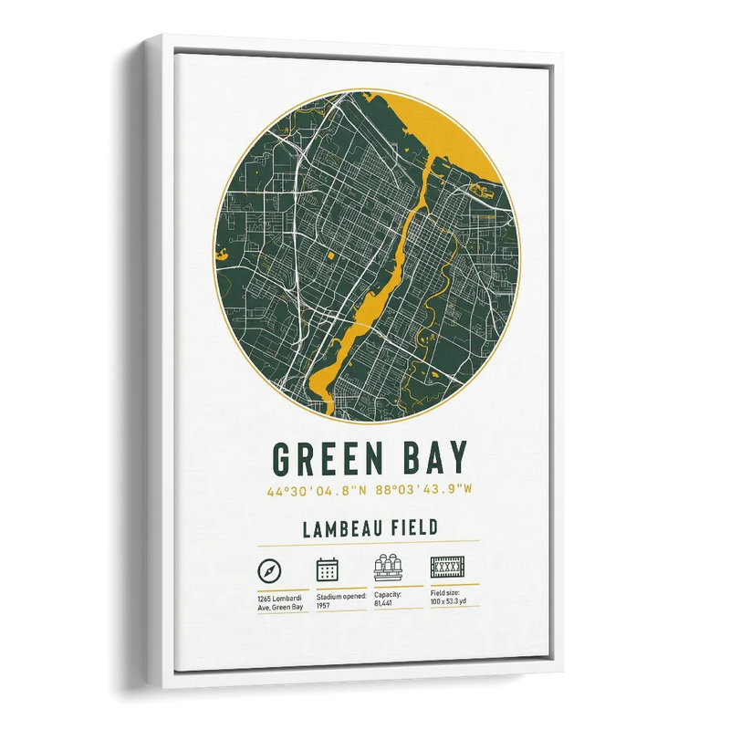 Green Bay Packers Lambeau Field Stadium Map Side - White Canvas Wall Art