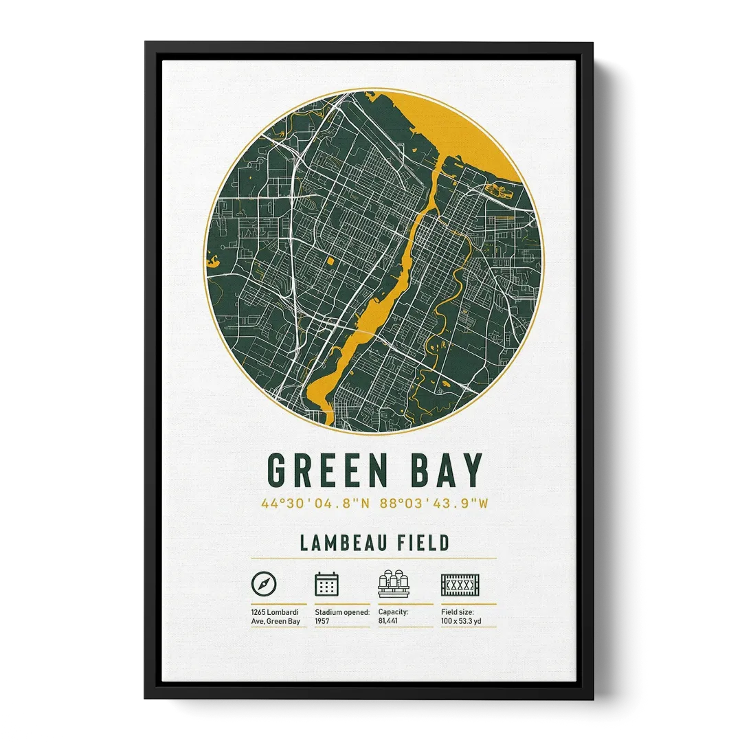 Green Bay Packers Lambeau Field Stadium Map Front - Black Canvas Wall Art