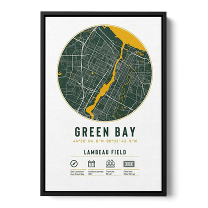 Green Bay Packers Lambeau Field Stadium Map Front - Black Canvas Wall Art