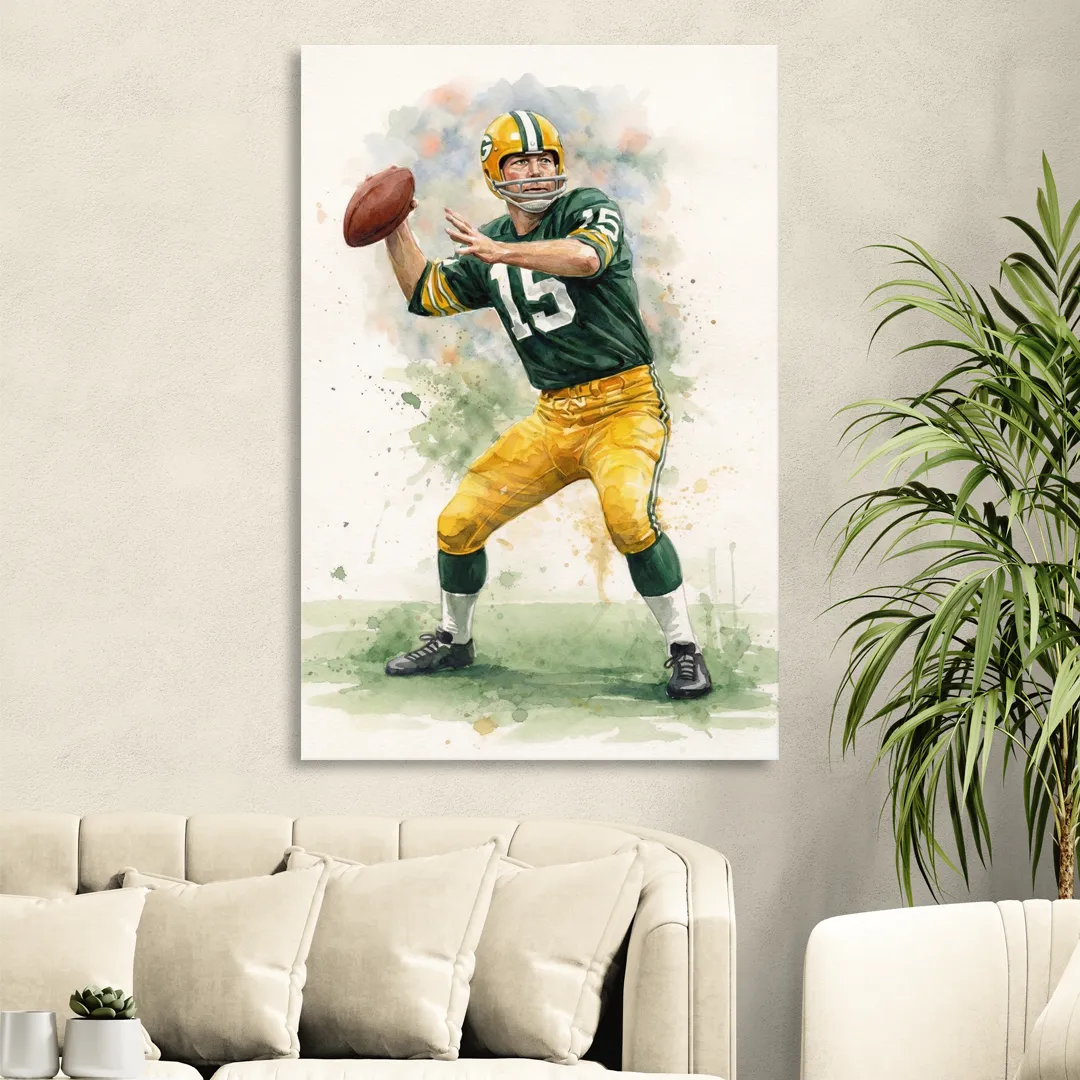 Green Bay Packers Watercolor - Bart Starr Sitting Room - Canvas Wall Art
