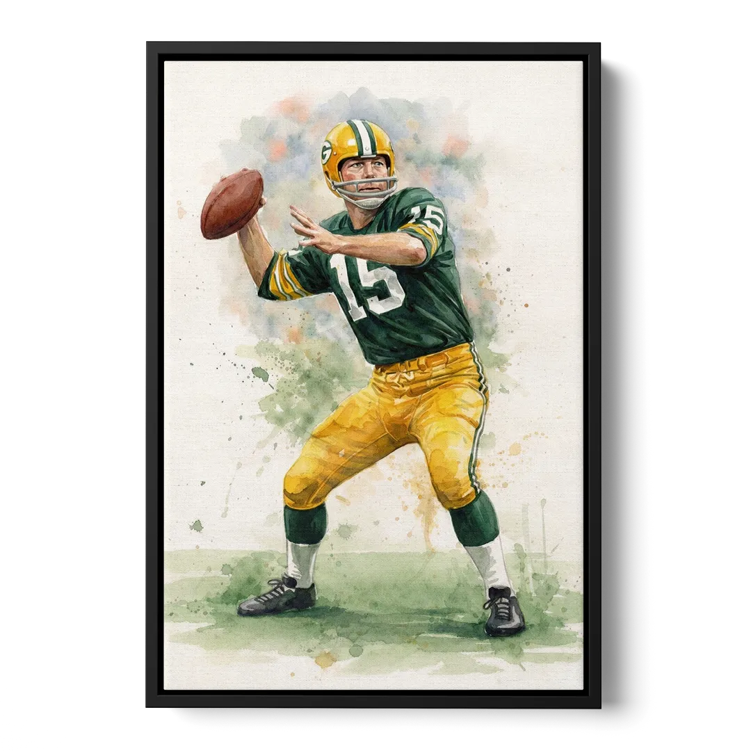 Green Bay Packers Watercolor - Bart Starr Front - Black Canvas Wall Art
