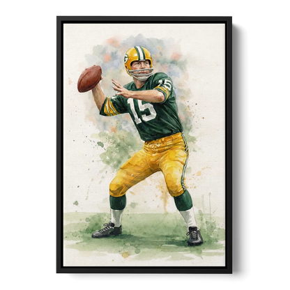 Green Bay Packers Watercolor - Bart Starr Front - Black Canvas Wall Art