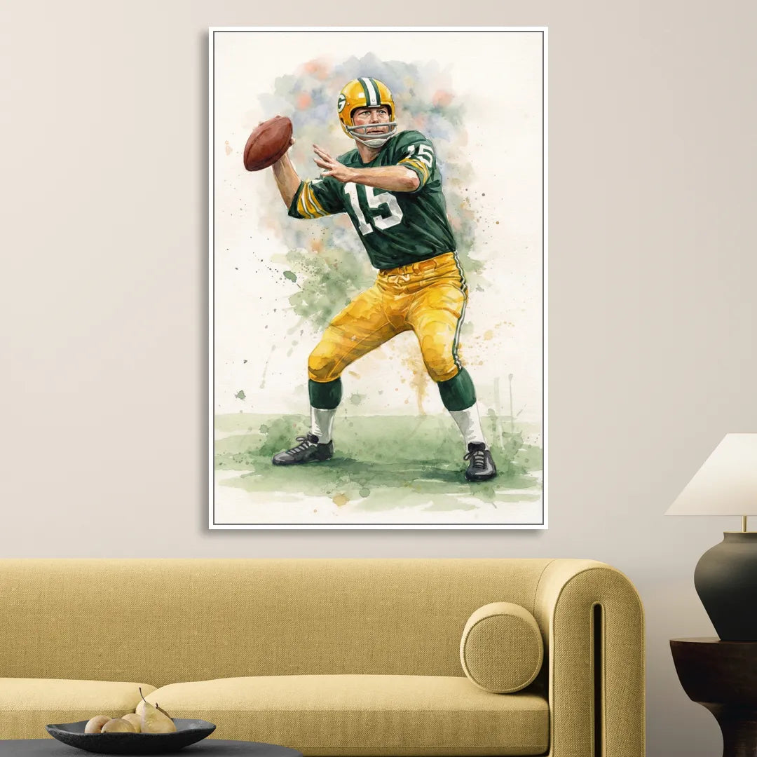 Green Bay Packers Watercolor - Bart Starr Sitting Room - White Canvas Wall Art