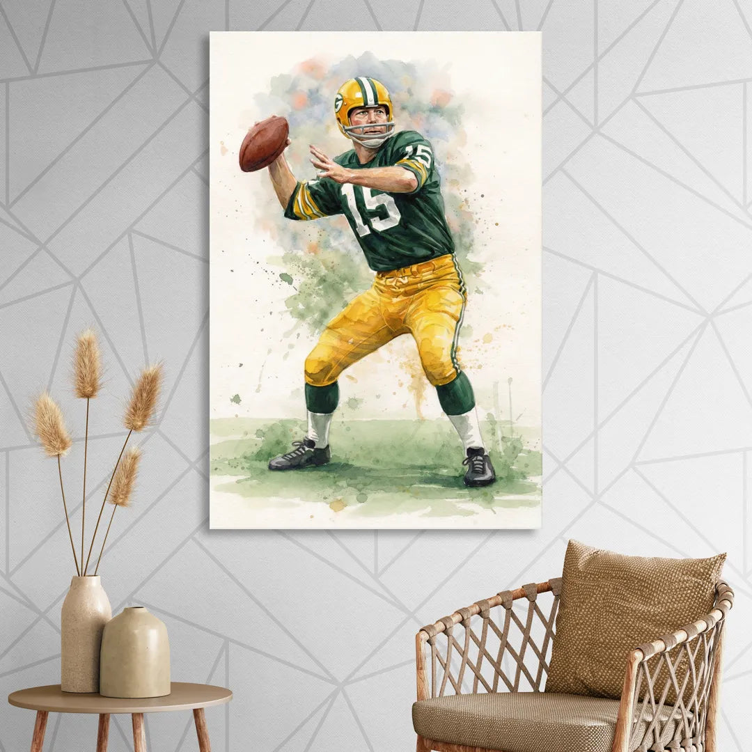 Green Bay Packers Watercolor - Bart Starr Living Room - Canvas Wall Art
