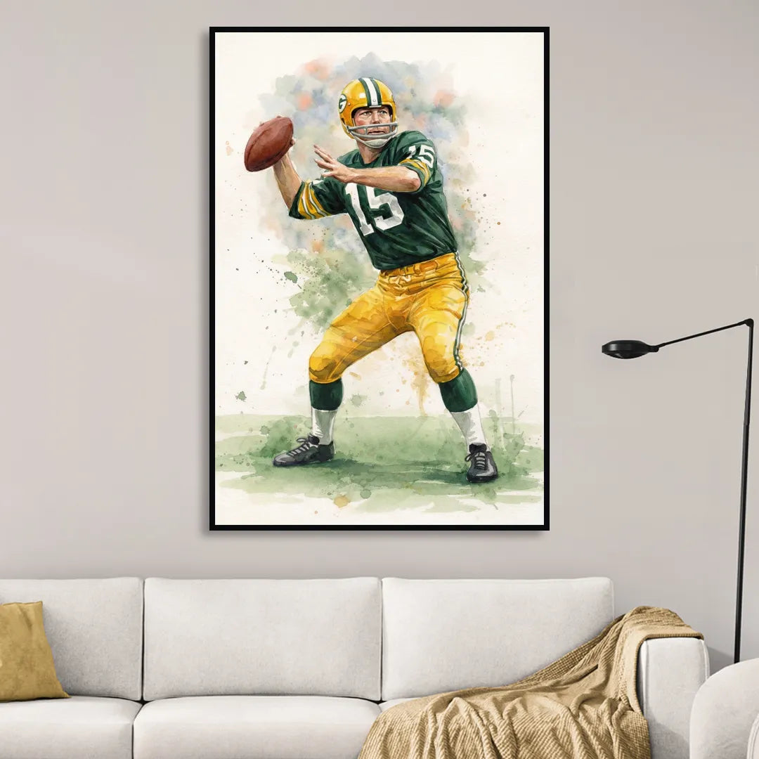 Green Bay Packers Watercolor - Bart Starr Living Room - Black Canvas Wall Art