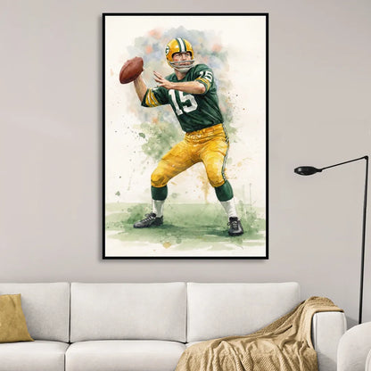 Green Bay Packers Watercolor - Bart Starr Living Room - Black Canvas Wall Art