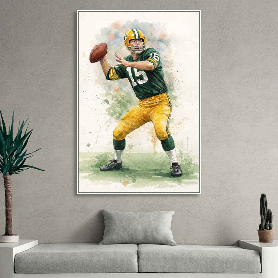 Green Bay Packers Watercolor - Bart Starr Living Room - White Canvas Wall Art