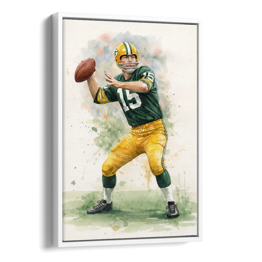 Green Bay Packers Watercolor - Bart Starr Side - White Canvas Wall Art