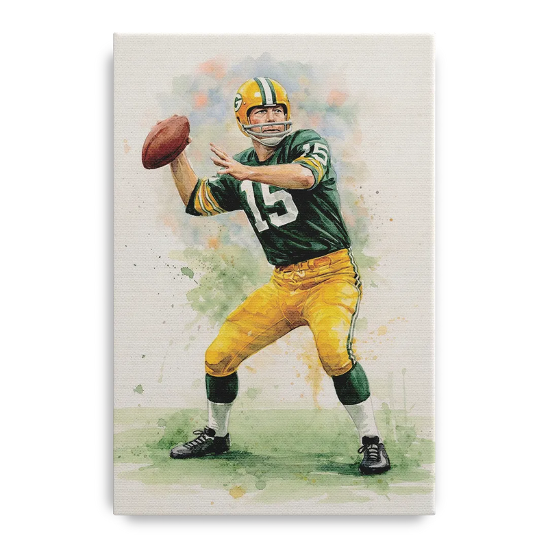Green Bay Packers Watercolor - Bart Starr Front - Canvas Wall Art