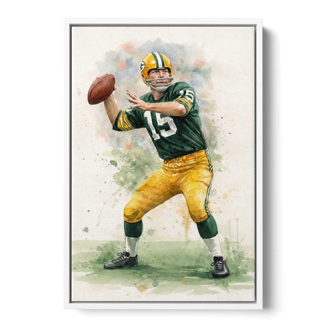 Green Bay Packers Watercolor - Bart Starr Front - White Canvas Wall Art