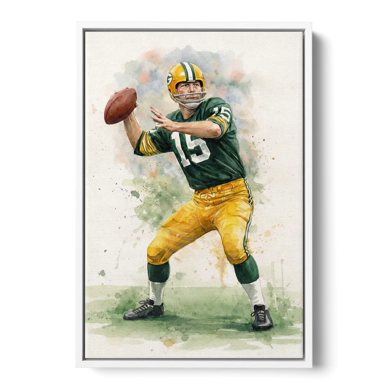 Green Bay Packers Watercolor - Bart Starr Front - White Canvas Wall Art