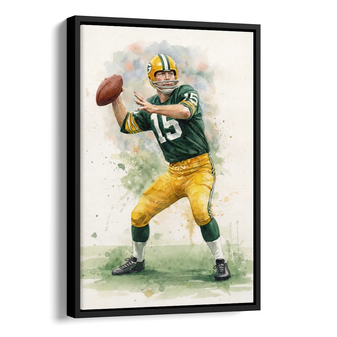 Green Bay Packers Watercolor - Bart Starr Side - Black Canvas Wall Art