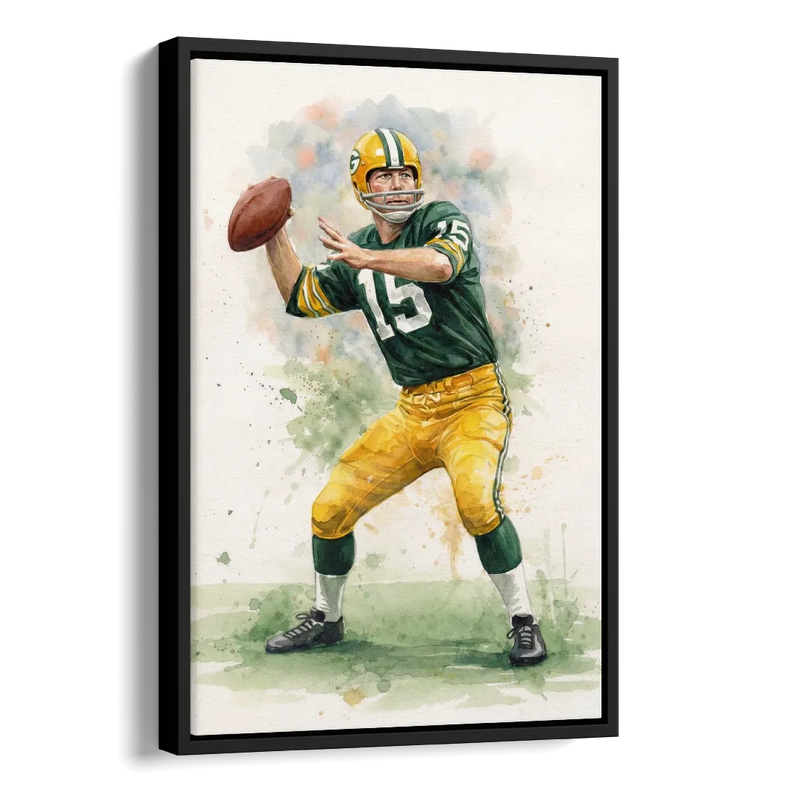 Green Bay Packers Watercolor - Bart Starr Side - Black Canvas Wall Art