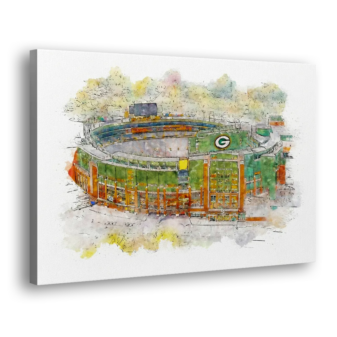 Green Bay Packers Lambeau Field Watercolor Stadium Side - Canvas Wall Art