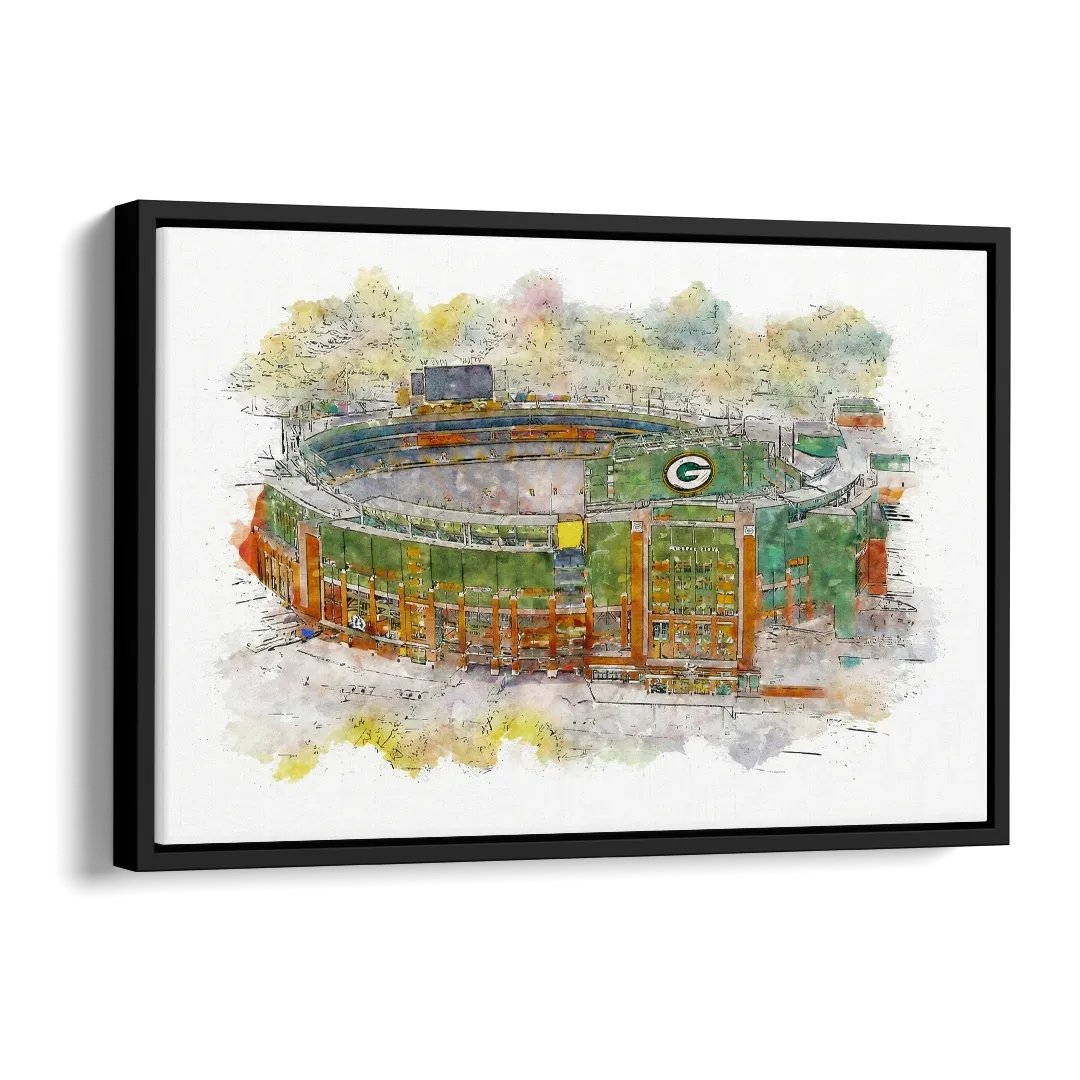 Green Bay Packers Lambeau Field Watercolor Stadium Side - Black Canvas Wall Art