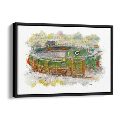 Green Bay Packers Lambeau Field Watercolor Stadium Side - Black Canvas Wall Art